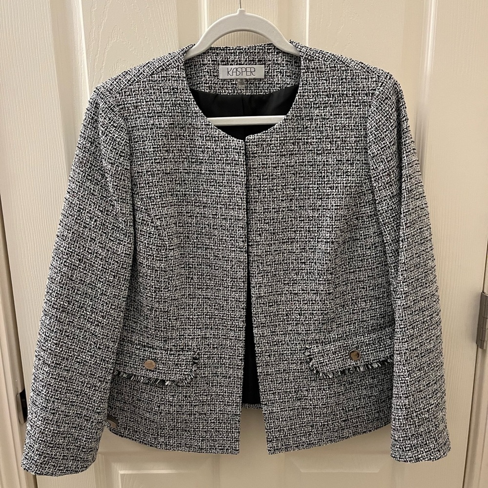 Kasper Black and White Tweed Open-Front Jacket